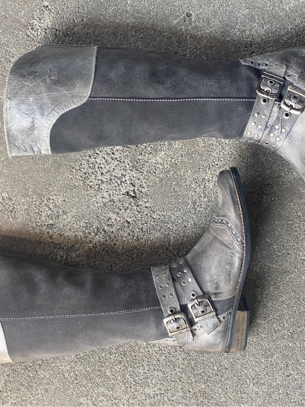 Women's Black Suede & Distressed Gray Moto Boots with Buckles